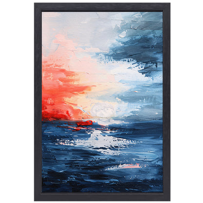 Abstracte zonsondergang boven kalme zee canvas met baklijst