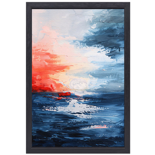 Abstracte zonsondergang boven kalme zee canvas met baklijst