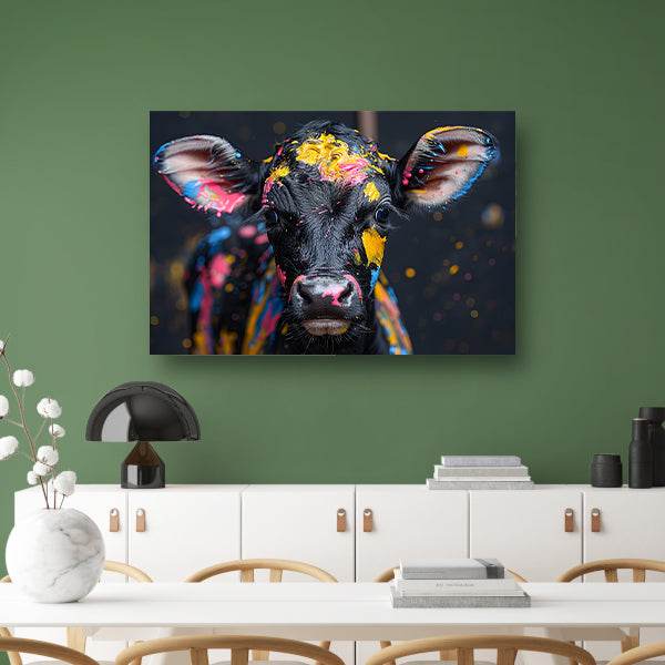 Abstract koe met verfspatten canvas met baklijst