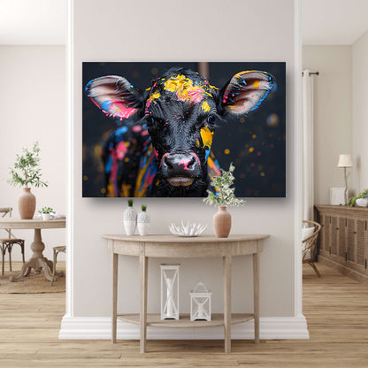 Abstract koe met verfspatten canvas met baklijst