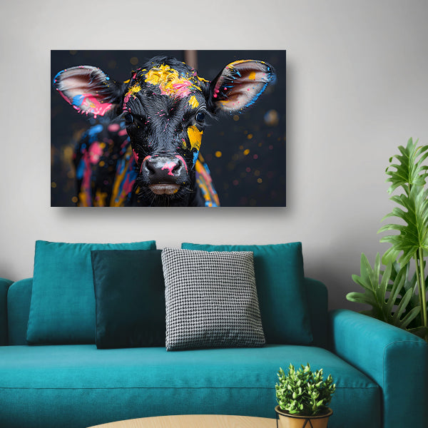 Abstract koe met verfspatten canvas met baklijst