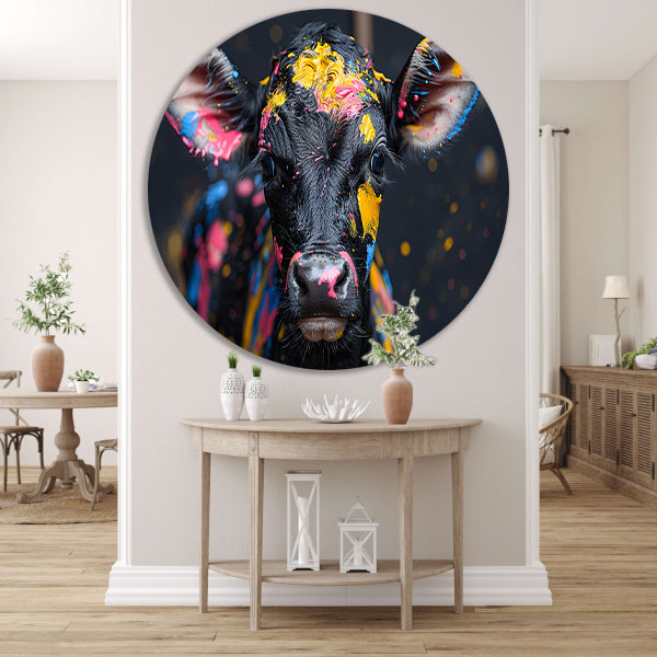 Abstract koe met verfspatten aluminium muurcirkel