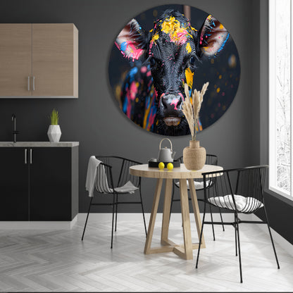 Abstract koe met verfspatten aluminium muurcirkel