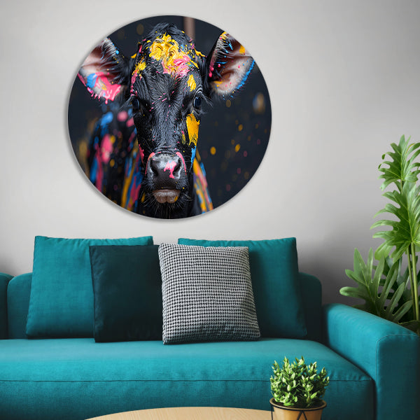 Abstract koe met verfspatten aluminium muurcirkel