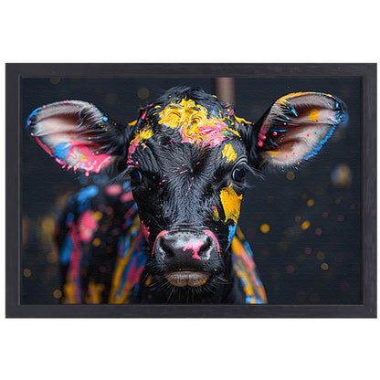 Abstract koe met verfspatten canvas met baklijst