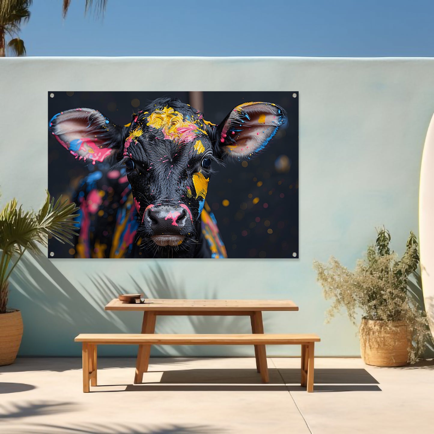 Abstract koe met verfspatten tuinposter