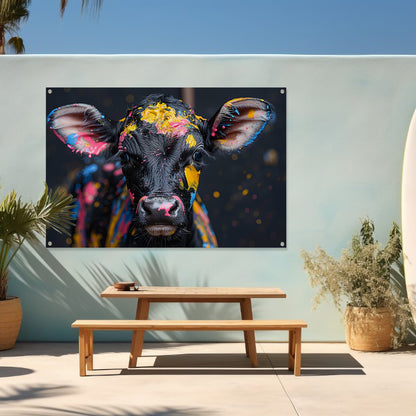 Abstract koe met verfspatten tuinposter