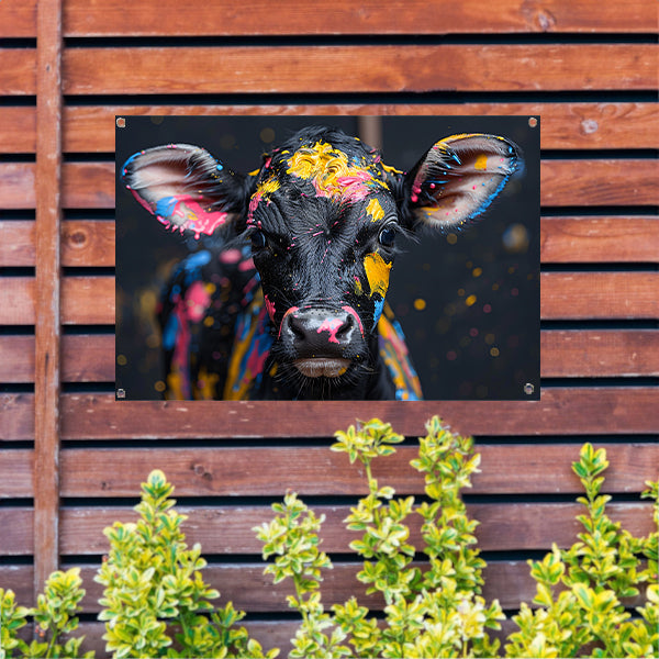 Abstract koe met verfspatten tuinposter