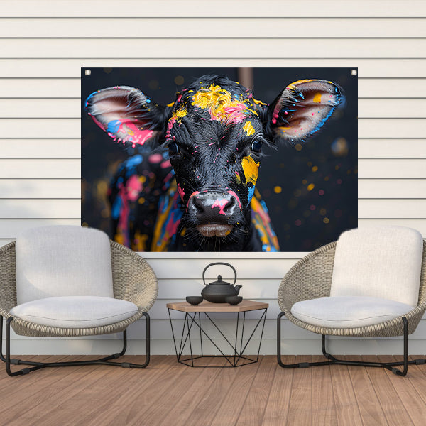 Abstract koe met verfspatten tuinposter