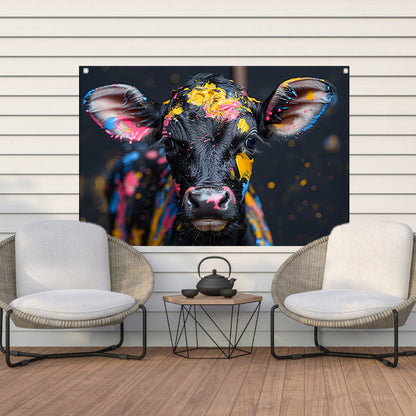 Abstract koe met verfspatten tuinposter