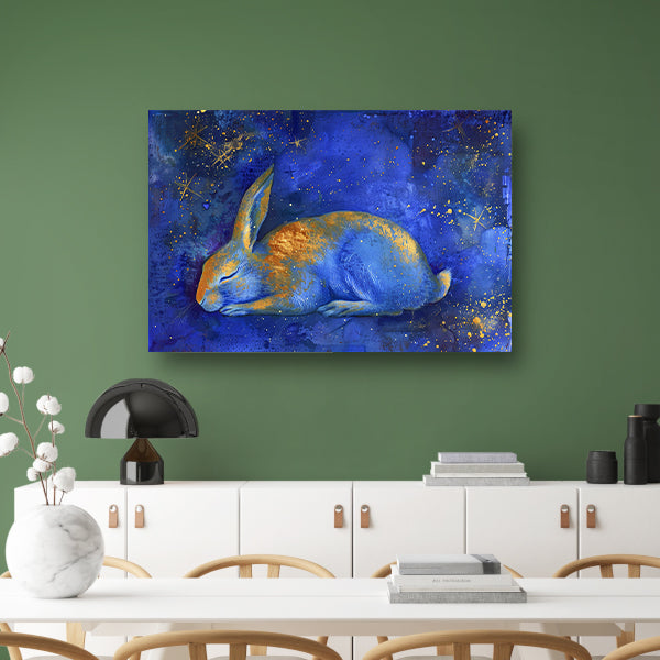 Dromerig konijn onder sterrenhemel schilderij canvas met baklijst