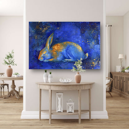 Dromerig konijn onder sterrenhemel schilderij canvas met baklijst