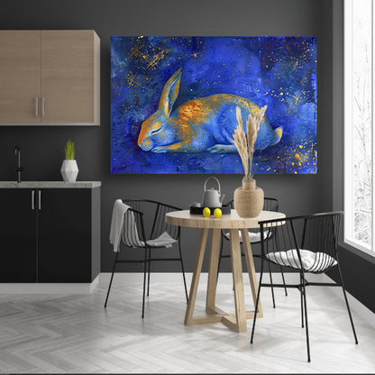 Dromerig konijn onder sterrenhemel schilderij canvas met baklijst