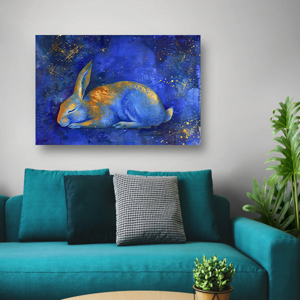 Dromerig konijn onder sterrenhemel schilderij canvas