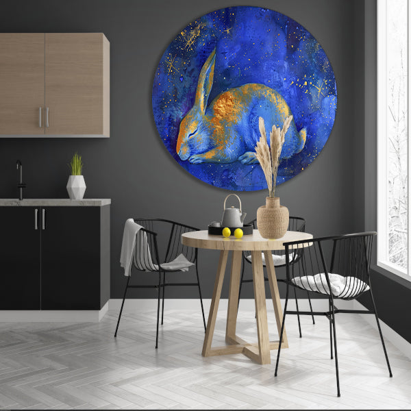 Dromerig konijn onder sterrenhemel schilderij aluminium muurcirkel