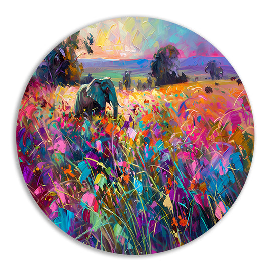 Kleurrijke olifant in abstract landschap schilderij aluminium muurcirkel