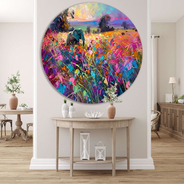 Kleurrijke olifant in abstract landschap schilderij forex muurcirkel