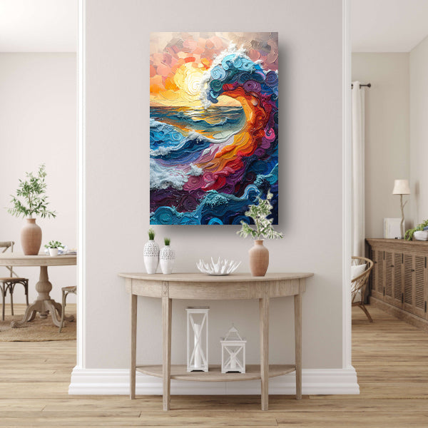 Kleurrijk golf bij zonsondergang canvas met baklijst