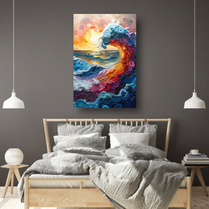 Kleurrijk golf bij zonsondergang canvas met baklijst