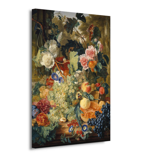 Stilleven van bloemen en fruit op een marmeren plaat - Jan van Huysum canvas