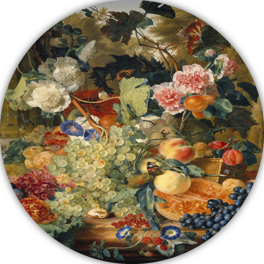 Stilleven van bloemen en fruit op een marmeren plaat - Jan van Huysum forex muurcirkel