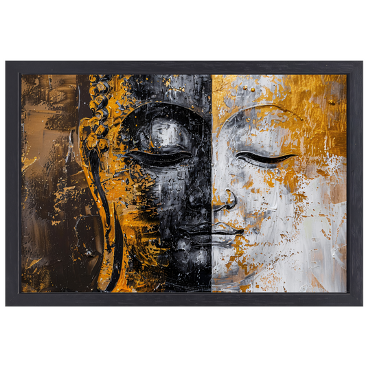 Abstracte Visie op Boeddha met Gouden en Zwarte Tinten canvas met baklijst