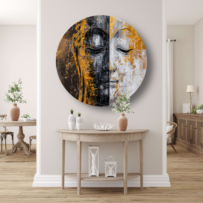 Abstracte Visie op Boeddha met Gouden en Zwarte Tinten aluminium muurcirkel