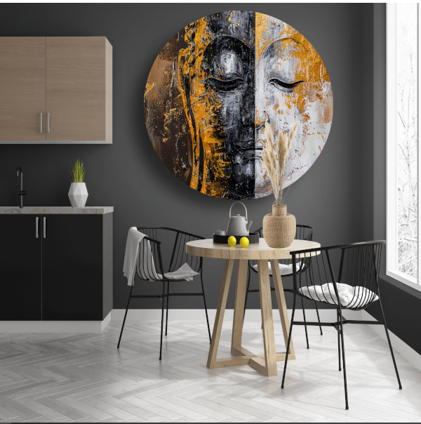 Abstracte Visie op Boeddha met Gouden en Zwarte Tinten aluminium muurcirkel