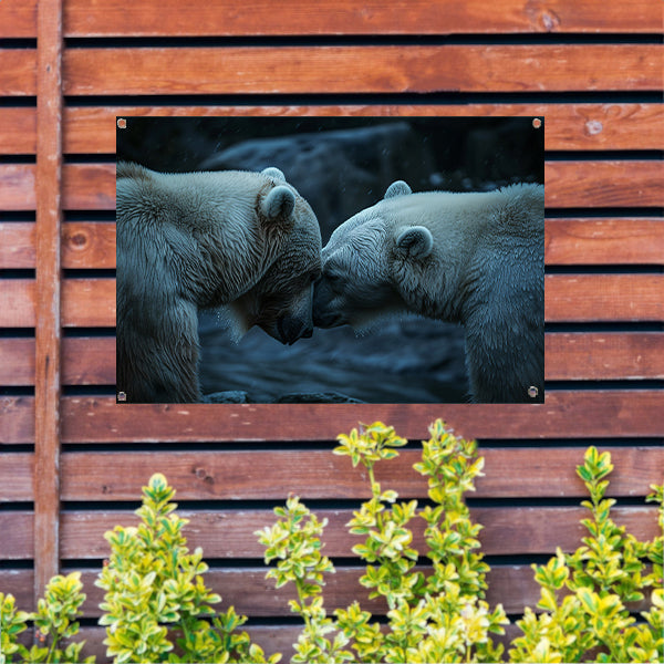 Twee beren in regenachtige omgeving tuinposter