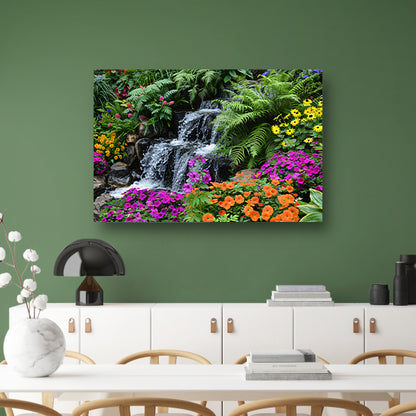 Waterval in kleurrijke bloementuin canvas met baklijst