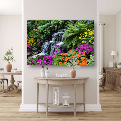 Waterval in kleurrijke bloementuin canvas met baklijst