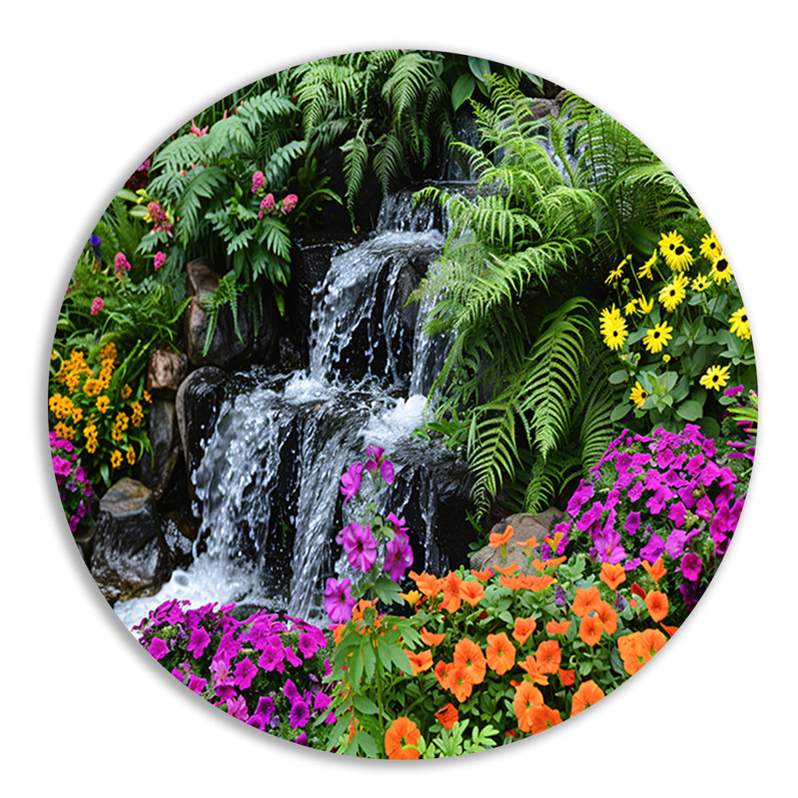 Waterval in kleurrijke bloementuin forex muurcirkel