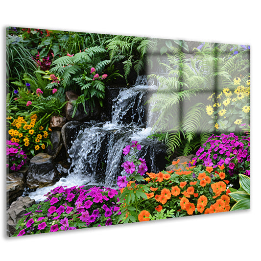 Waterval in kleurrijke bloementuin acrylglas