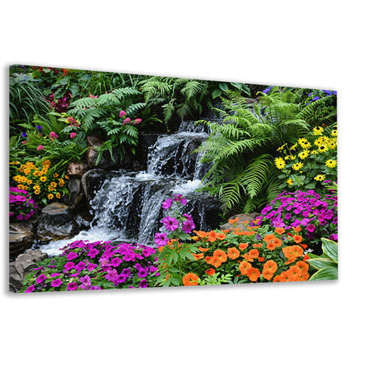 Waterval in kleurrijke bloementuin canvas