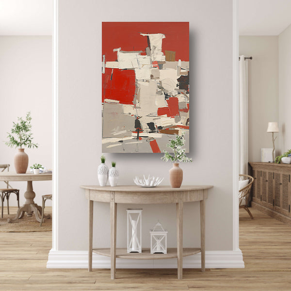 Abstract schilderij met rode en witte vlakken acrylglas