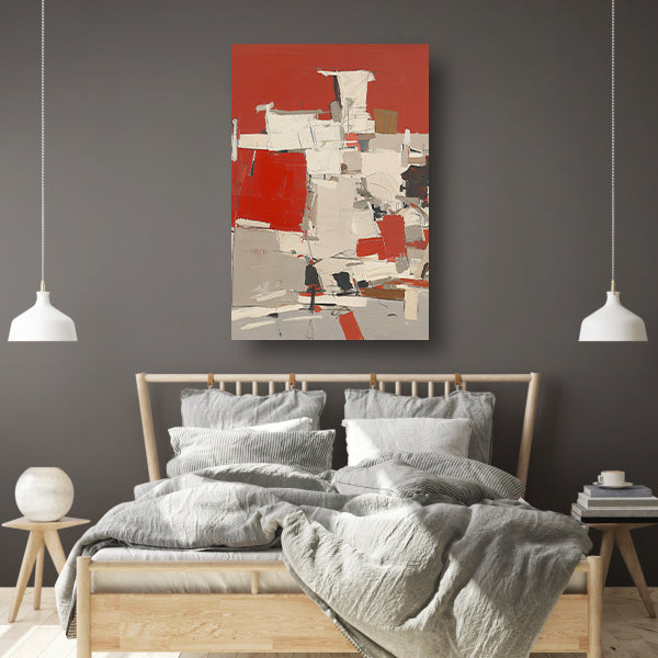 Abstract schilderij met rode en witte vlakken canvas met baklijst