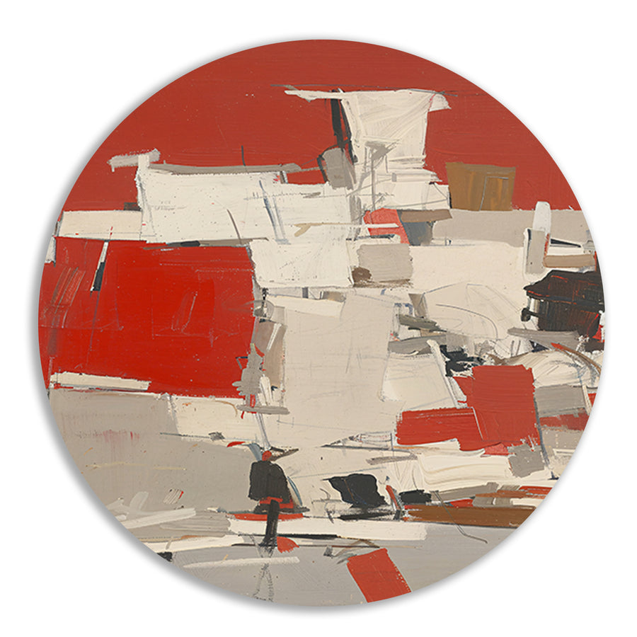 Abstract schilderij met rode en witte vlakken aluminium muurcirkel