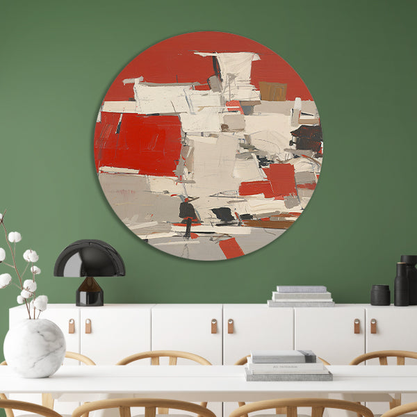 Abstract schilderij met rode en witte vlakken forex muurcirkel