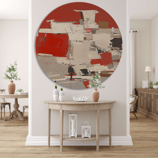 Abstract schilderij met rode en witte vlakken aluminium muurcirkel