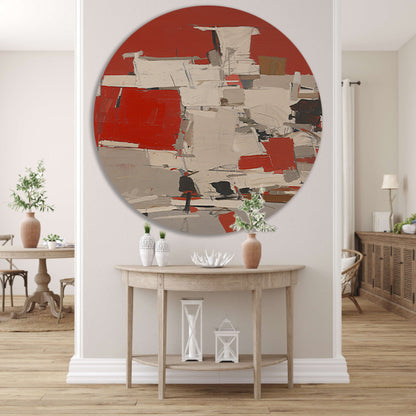 Abstract schilderij met rode en witte vlakken aluminium muurcirkel