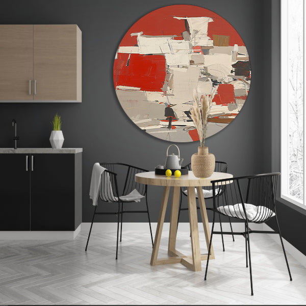 Abstract schilderij met rode en witte vlakken aluminium muurcirkel