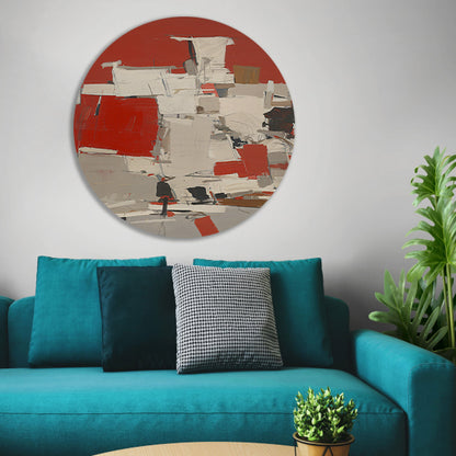 Abstract schilderij met rode en witte vlakken aluminium muurcirkel
