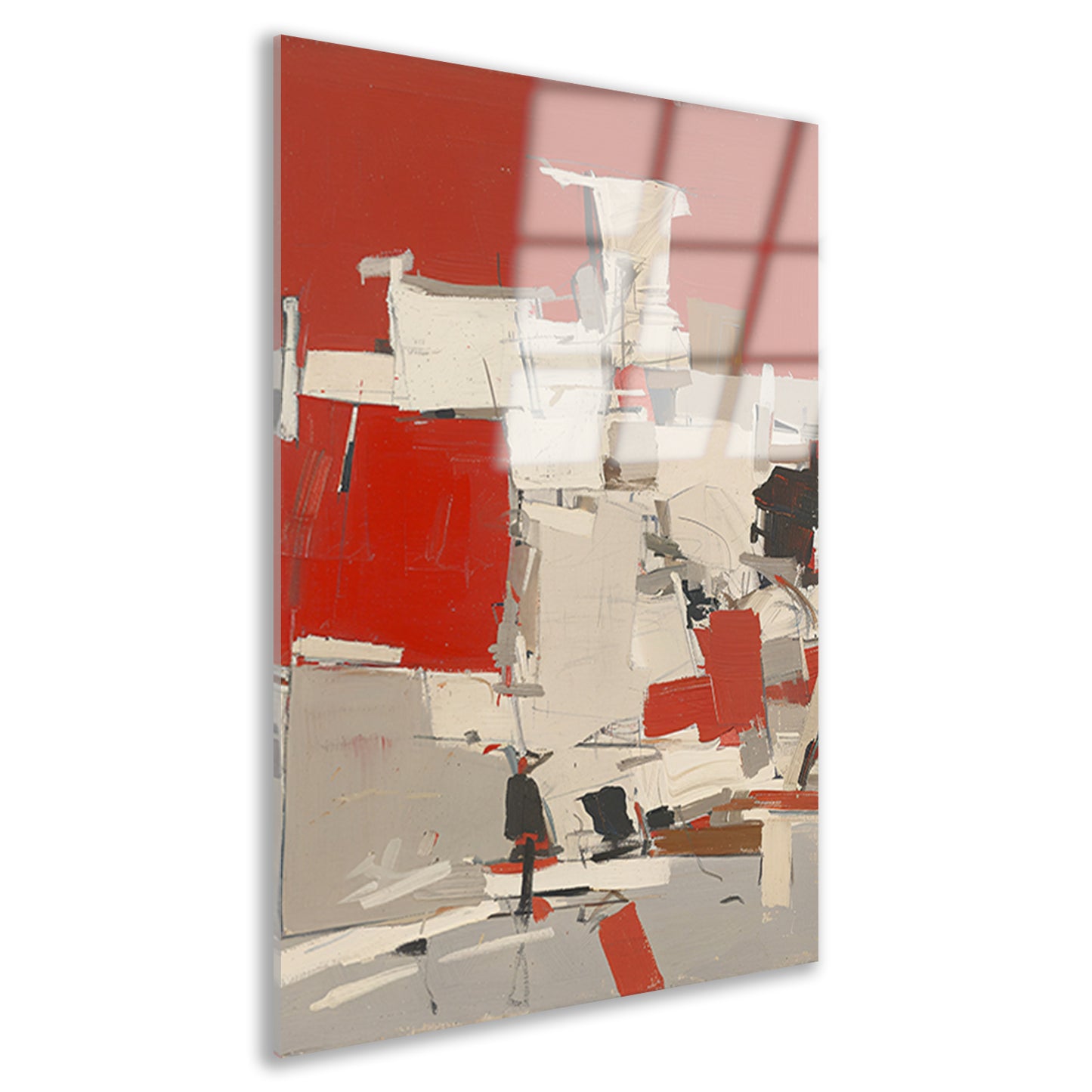 Abstract schilderij met rode en witte vlakken acrylglas