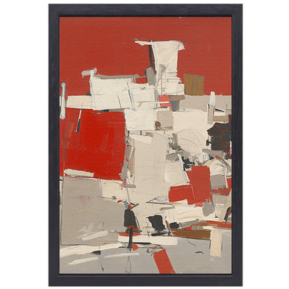 Abstract schilderij met rode en witte vlakken canvas met baklijst