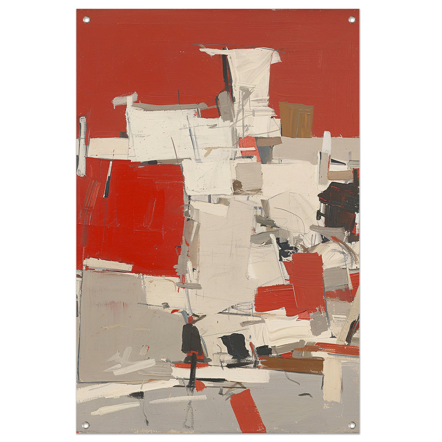 Abstract schilderij met rode en witte vlakken tuinposter