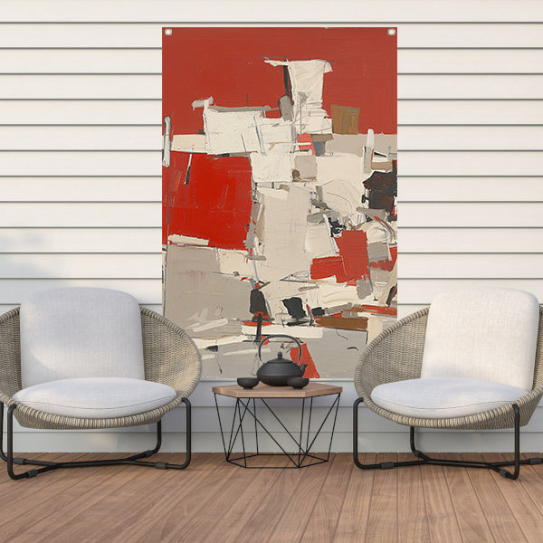 Abstract schilderij met rode en witte vlakken tuinposter