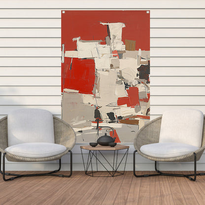 Abstract schilderij met rode en witte vlakken tuinposter
