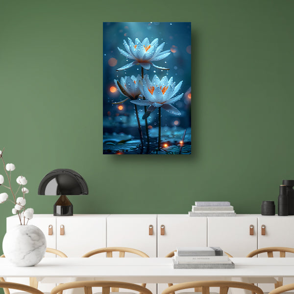 Drie Witte Waterlelies in de Regen canvas met baklijst