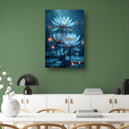 Drie Witte Waterlelies in de Regen canvas met baklijst