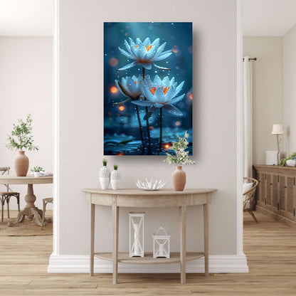 Drie Witte Waterlelies in de Regen canvas met baklijst